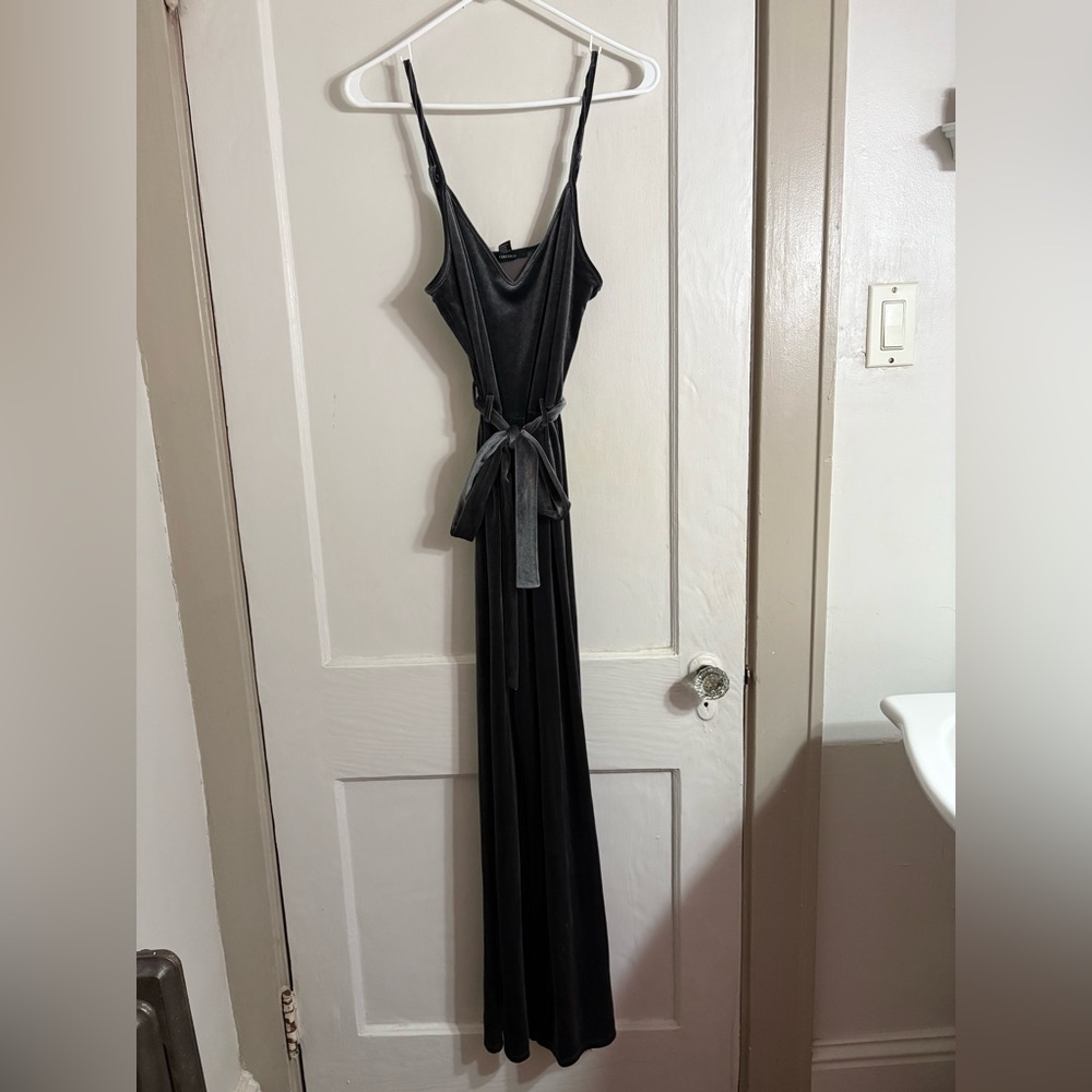 Forever 21 Gray Velour Maxi Jumpsuit With Tie Belt